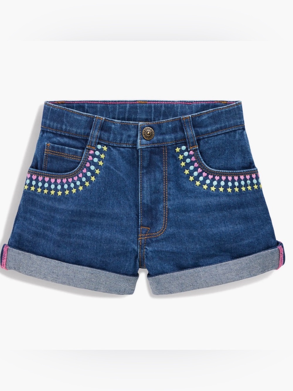 Mini Boden Kids Denim Skirt with Neon Star & Heart Trim - Blue